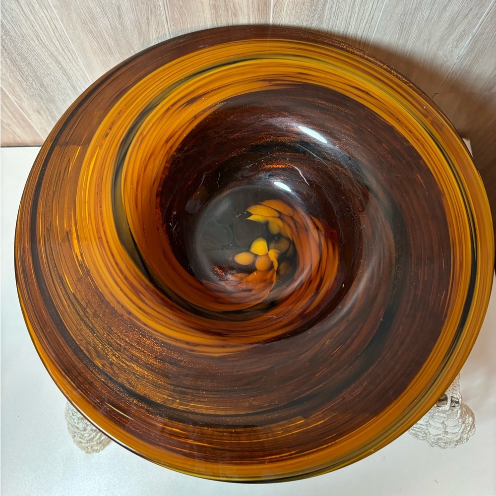 Artisan Glass Swirl Bowl - Amber and Chestnut Murano Style